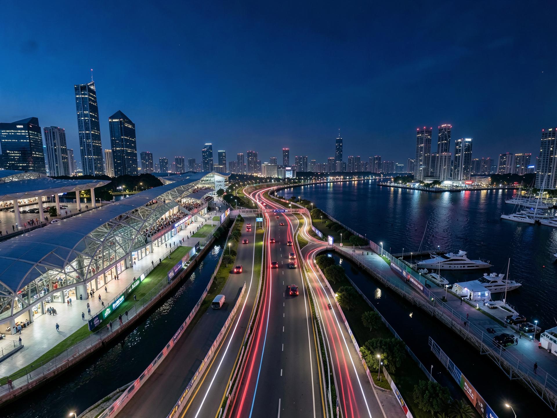 Aerial view of the Marina Bay Street Circuit Formula 1 circuit in Singapore with grandstands