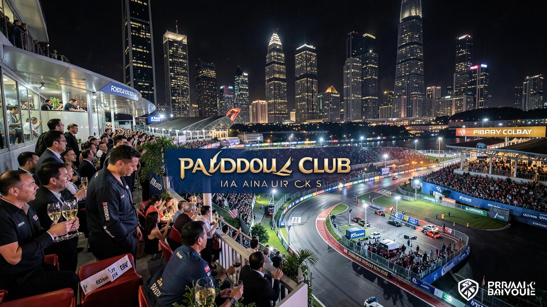 Guests enjoying premium Formula 1 hospitality overlooking a modern circuit in Singapore