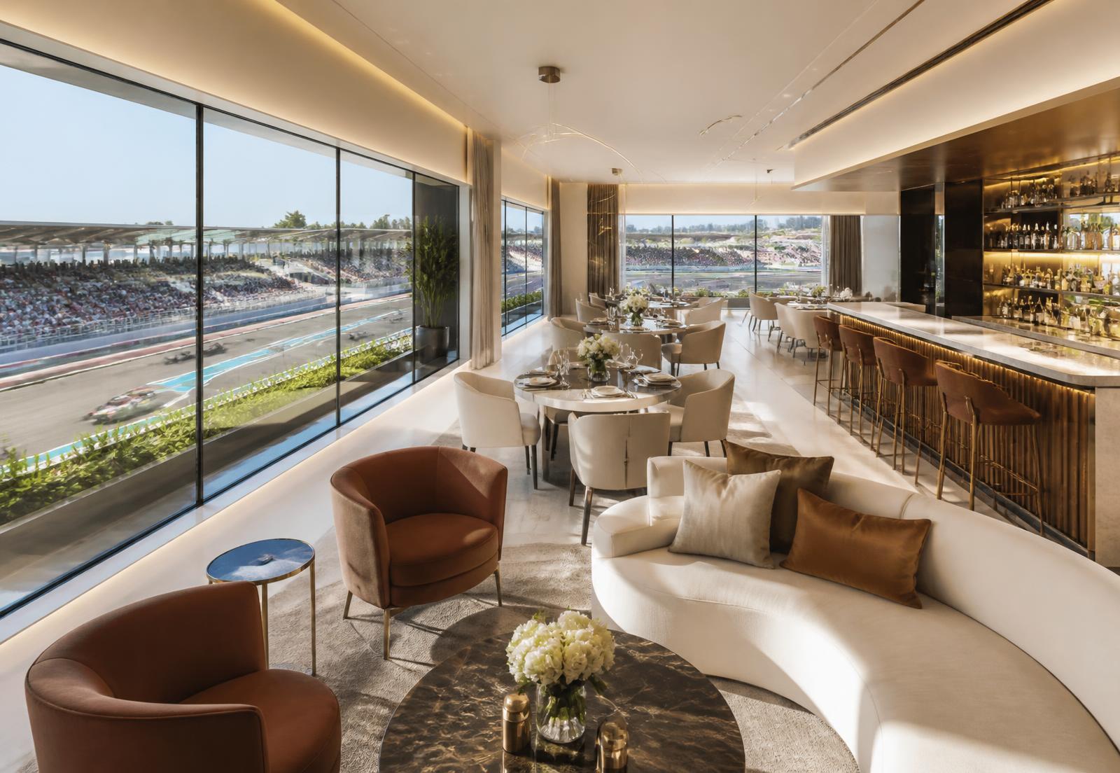 Premium Formula 1 hospitality lounge with panoramic circuit views